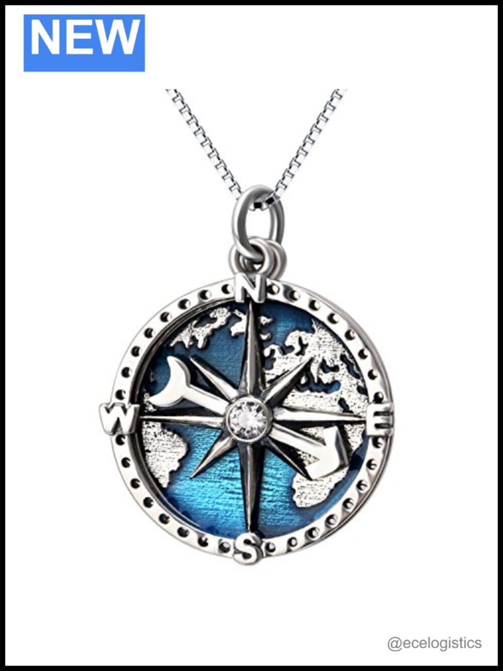 Compass Pendant Necklace Sterling Silver Anchor Travel Map 18"